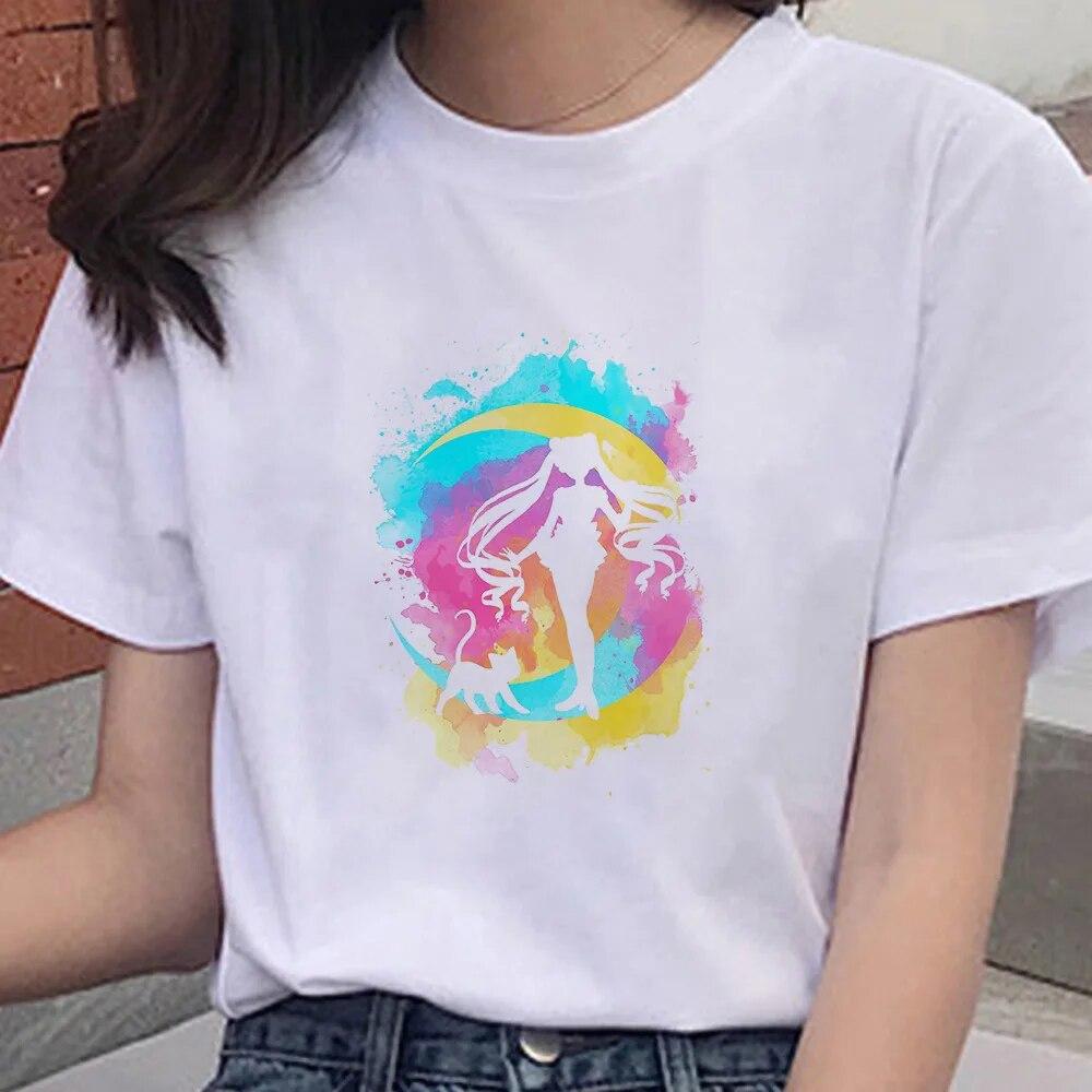 Cartoon Anime Sailor Graphic Moon Print 100 % Baumwolle T-Shirt Mode Goth Girl Kleidung Kurzarm Übergroßes Unisex Frauen T-Shirt Unisex