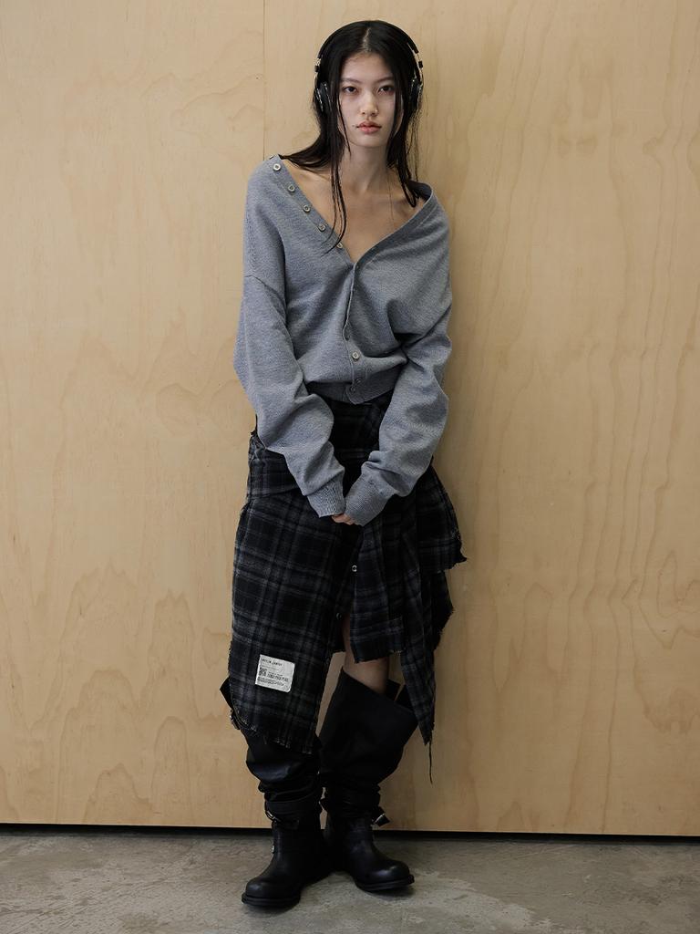 Whole Paper Off-Shoulder Ruffle Neck Cardigan (Charcoal Gray)