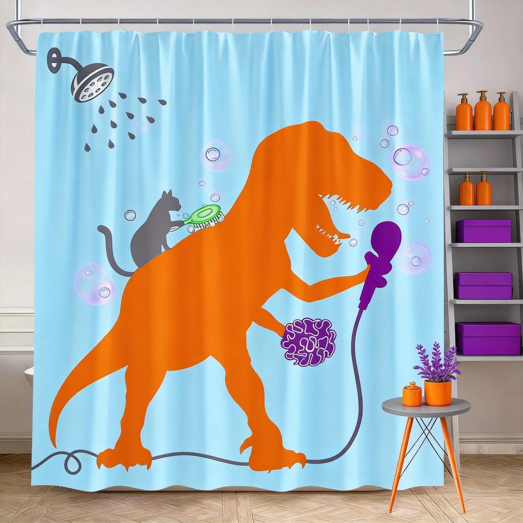 Dinosaur Shower Curtain 1180x180cm – Funny Cat Sidekick, Bathroom Karaoke Scene, 12 Hooks Bath decorative shower curtain