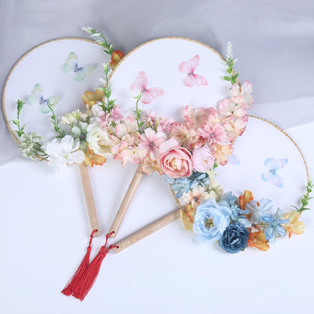 Exquisite Flower Butterfly Round Fan Women Dance Performance Props Wedding Craft Home Decoration