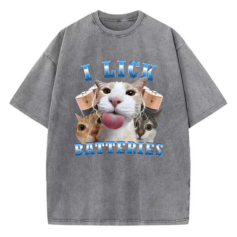 Mode T-Shirt Vintage Gewaschenes Baumwoll-T-Shirt Ich Lecke Batterien Lustiges Katzen-Grafik-T-Shirt Lässiges Streetwear Frühling Sommer Shirt