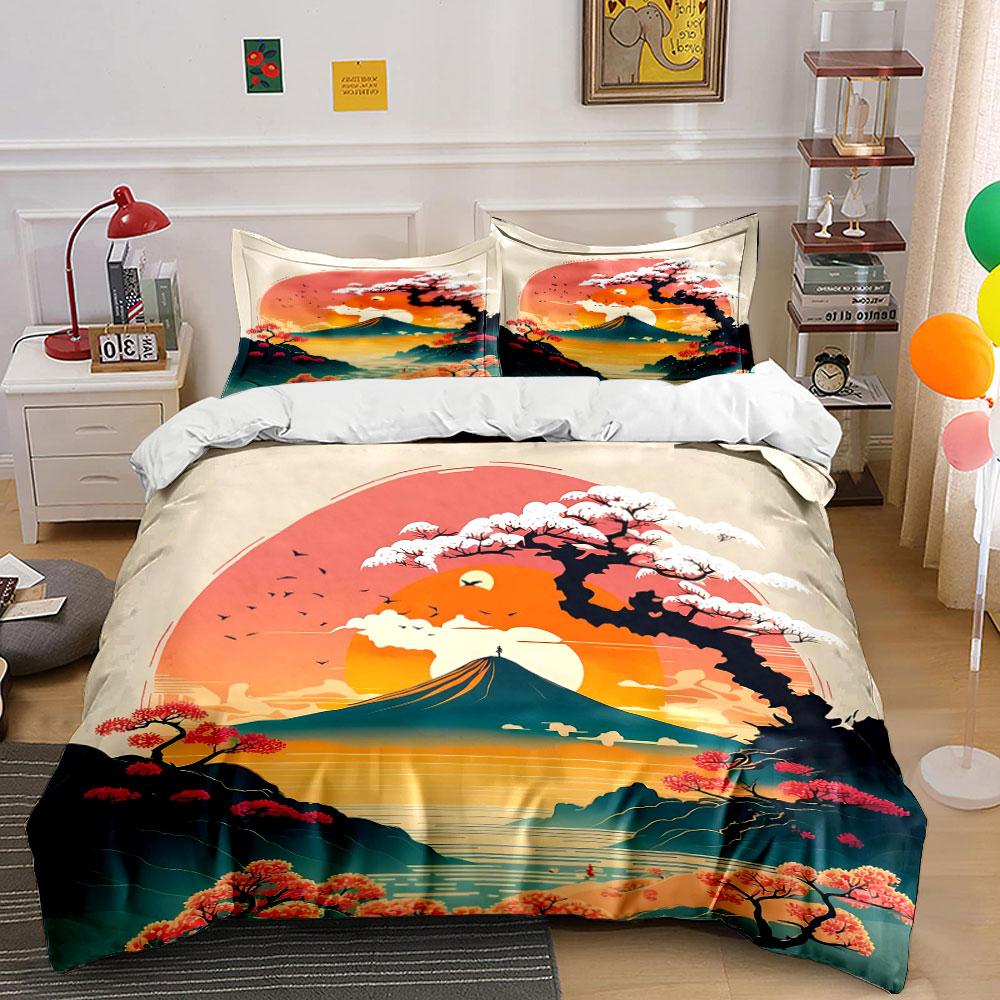 Japanese Landscape Art Set Bedding Set with 1 Duvet Cover 2 Pillowcases Single Double King Queen, Gift