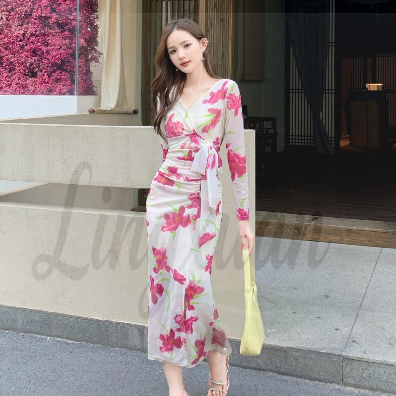 Elegantes V-Ausschnitt Netzkleid mit Print: Hohe Taille, Schlankmachender Falten-Schlitz, Langarm Bodycon Rock