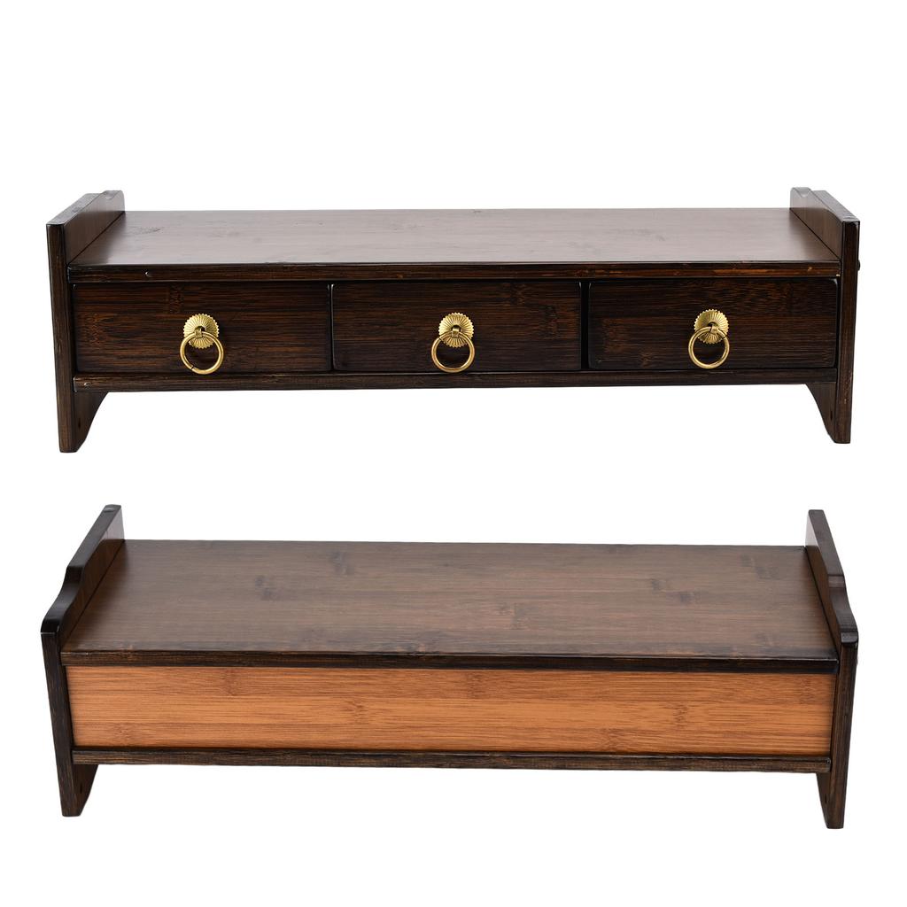 Monitor Stand Bamboo Heightened Non Absorbent Computer Riser with Backplane 3 Drawers for Home