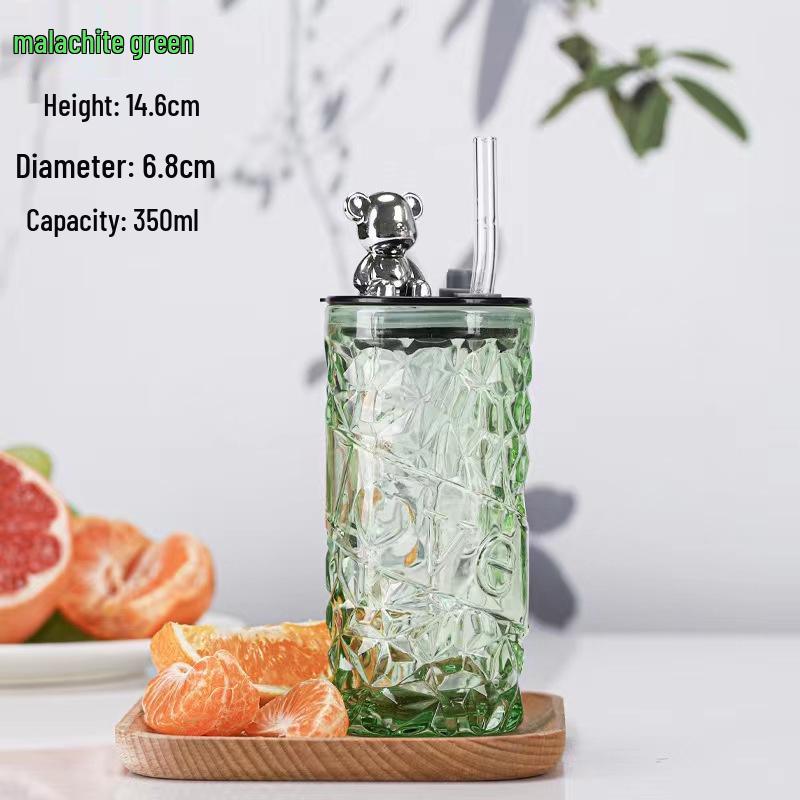 Ins Glass Love Straw Cup with Lid - Portable Diamond Bear Design for Office & Cold Brew Coffee