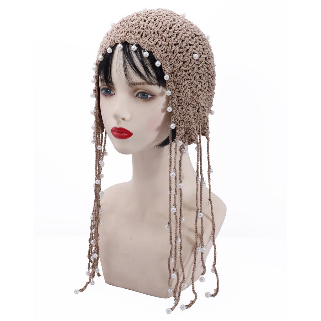 

Ethnic Style Handwoven Sun Hat With Tassels And Pearls For Summer Sun Protection хакі