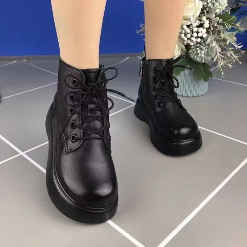 Thick-soled Martin Boots Women's Autumn and Winter New Short Boots Round Head Lace-up Light Muffin Velvet Warm Thick-soled Single Boots