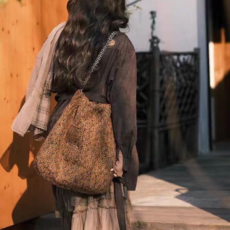 Large Capacity Brown Tweed Tote Bag with Chain Strap Minimalist Style Commuting and Daily Use Durable Handle Shoulder Bag KTY