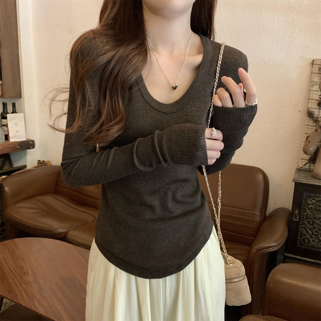 Maglione lavorato a maglia da donna con scollo a barca, scollatura sulla clavicola, stile slim spice girl, top a maniche lunghe versatile e alla moda