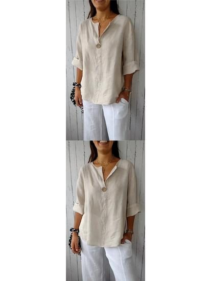 2026 Women's European & American V-neck Cotton Linen Button-up Loose T-shirt
