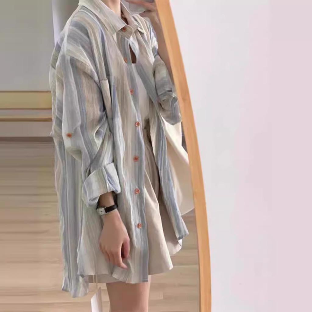 Spring and Autumn Striped Shirt Jacket Women's Design Sense Versatile Korean Edition Sense Sunscreen Niche Outdoor Casual Top