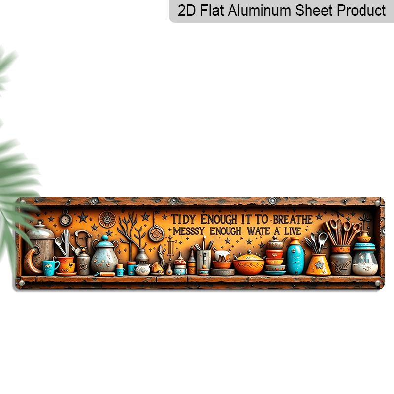 

2D Flat, Rustic Wall-Mounted Shelf Aluminum Decorative Sign with Vintage Kitchen Utensils & Motivational Quote - Pans Display Suitable for Kitchens 40cm x 10cm