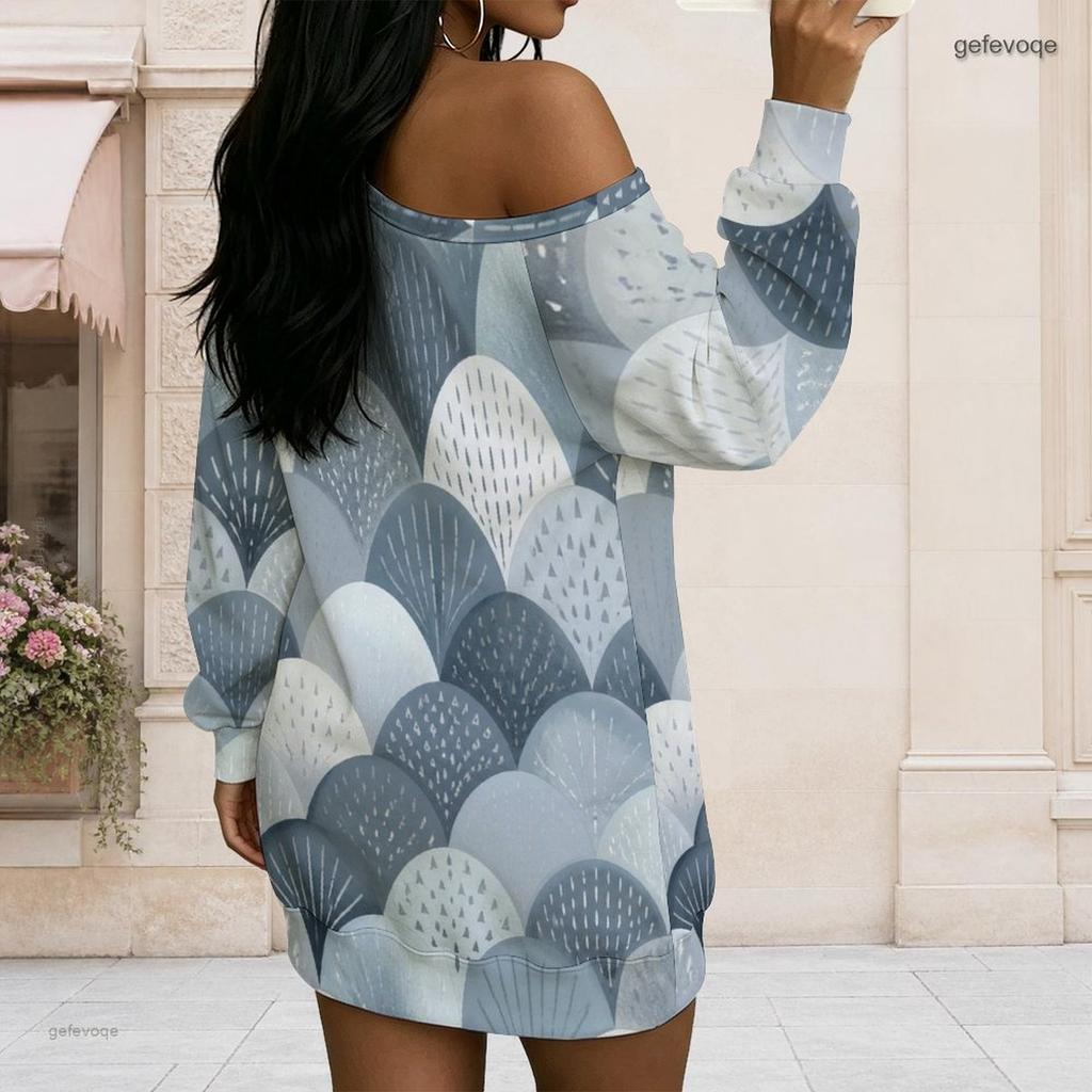 Women Plus Size Off Shoulder Long Sleeve Geometric Print Loose Tunic Dress