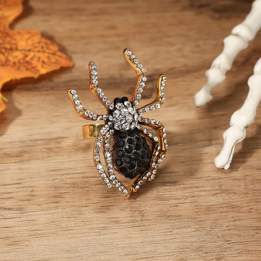 Retro European-American Insect Spider Diamond-Studded Open Alloy Ring