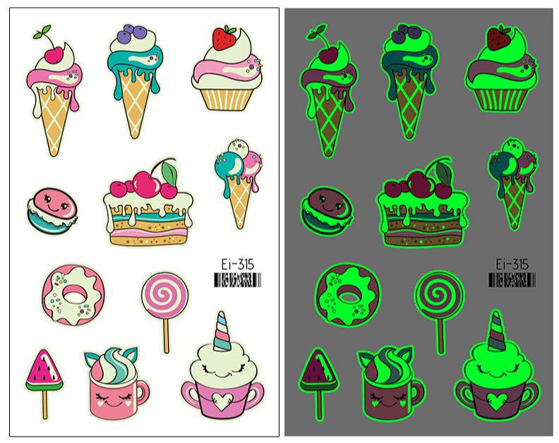 Luminous Cartoon Dessert Tattoo Stickers for Kids - Ice Cream, Donut, and Candy Themes