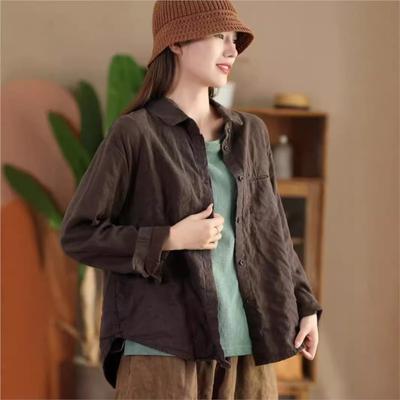 Donna Autunno Maniche Lunghe Colletto Classico Camicia Vintage Monopetto Ampia Tinta Unita