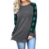 Women T-shirt Round Neck Long Sleeve Splicing Plaid Casual Top