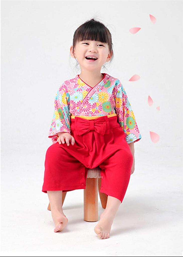 Baby Hakama Romper Coveralls Girls Japanese Style Formal Baby Shrine Visit 100 Days Celebration First Festival Includes Flower Decoration and Socks 90