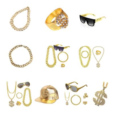 Hip Hop Costume Kit Dollar Sign Pendant Necklace Adjustable Hat Hip Hop Dollar Rings Sunglasses Bracelets Set Gifts