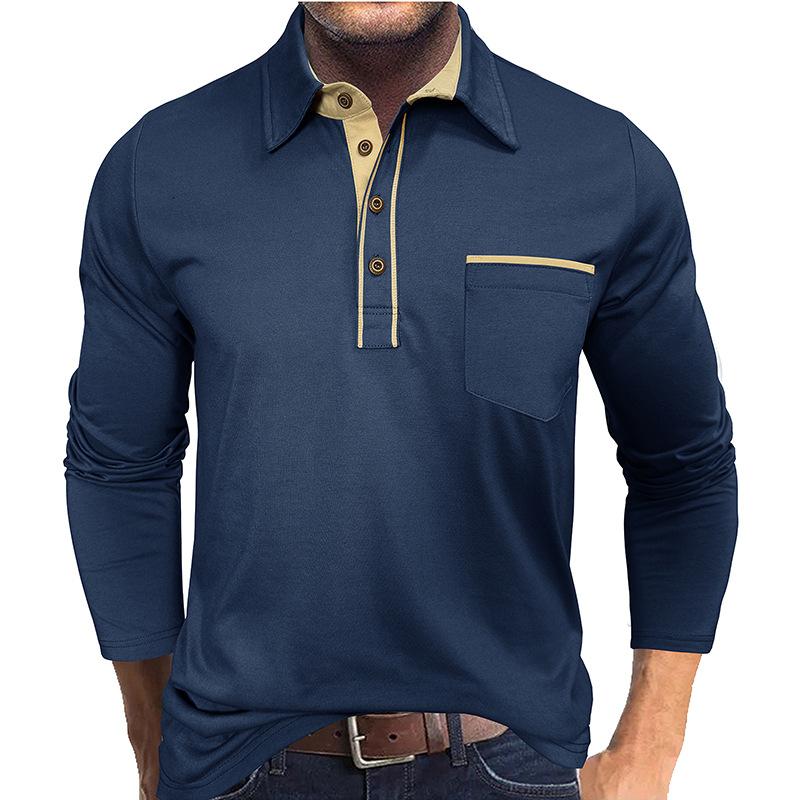 Men's Lapel Contrast Color Pocket Long Sleeve Polo Shirt Casual T-Shirt Tees