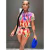 Ganzjahres-Damen-Street-Mesh-Zweiteiler-Set, Hipster-Mädchen-Blumendruck-T-Shirts + Schlaghosen, passende Party-Club-Kleidung, bedrucktes Oberteil, Shorts, Freizeitanzug