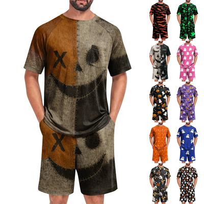 Men's Halloween Casual Loungewear Pajama Set Short Sleeve Top with Crew Neck and Matching Shorts Comfortable Sleepwear Set for Home Use
