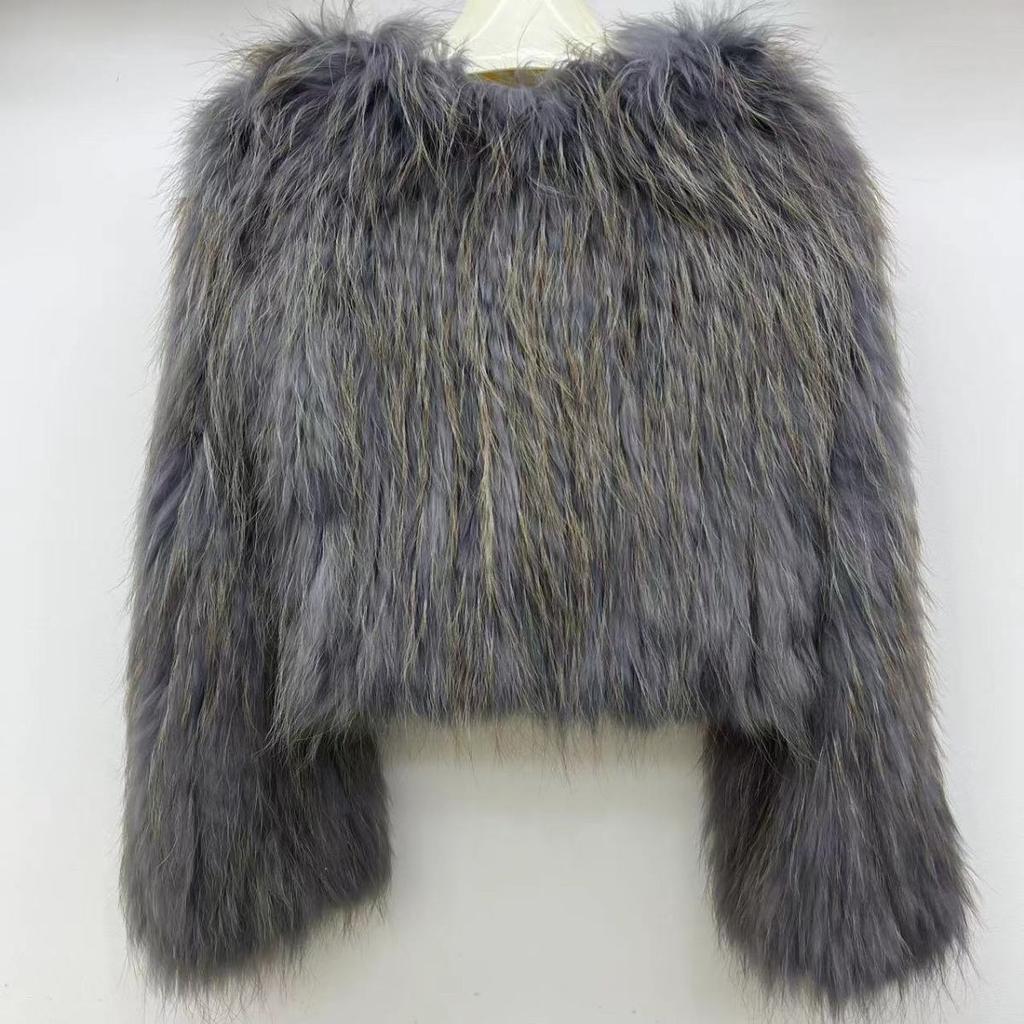 Real Raccoon Fur Braided Jacket Short Length 40cm Double-sided Encryption Slim Young Winter Tops Women's Coat