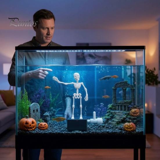 Atmospheric Underwater Props Halloween Aquarium Dancing Skeleton, Bubble Driven Moving Joints Skeleton Freshwater Landscaping Ornament, Realistic