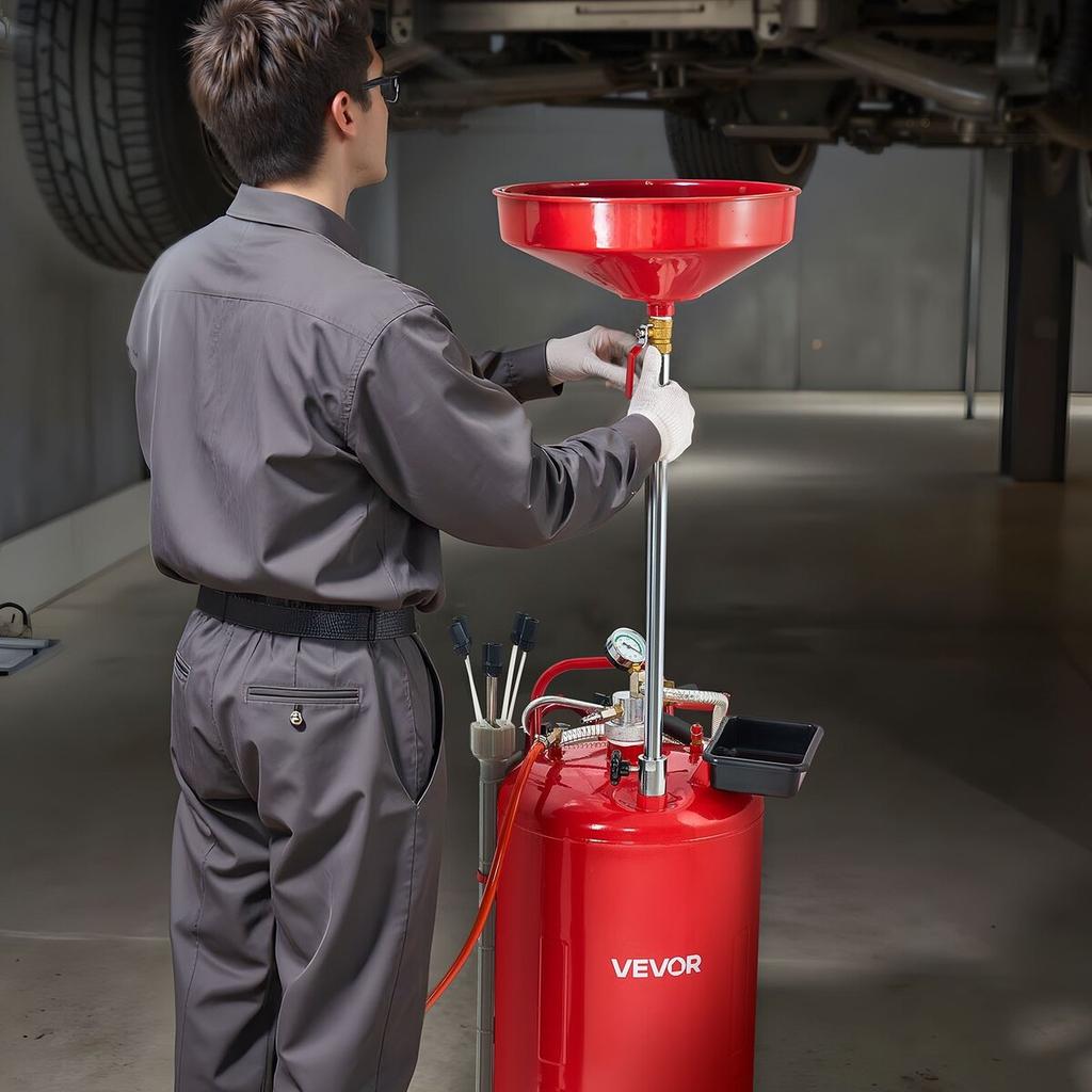 79.5L Waste Oil Drain Tank, Air Operated Portable Oil Drainer with Adjustable Funnel Height, Industrial Fluid Drain Tank with Wheels, Fluid Fuel