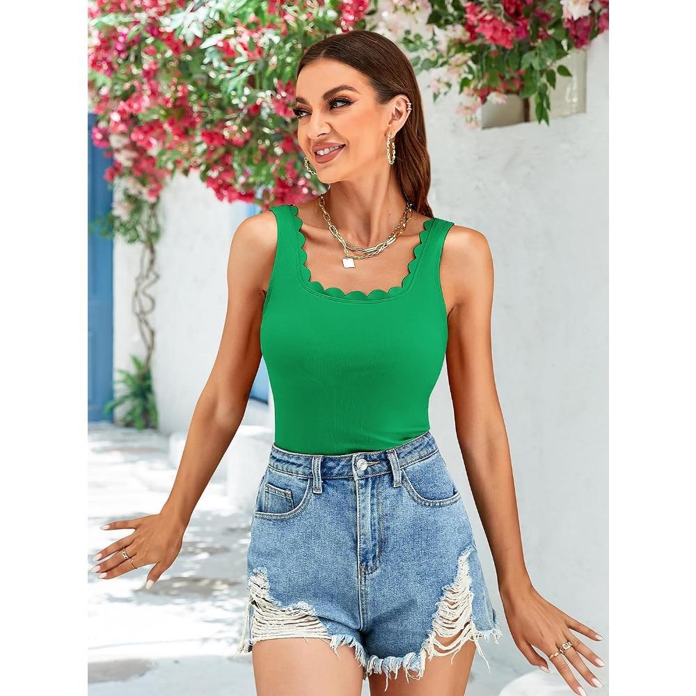 Attraco Built In Bras Tank Top for Women Square Neck Scallop Trim Camisole Summer Sleeveless Ribbed Cami Top