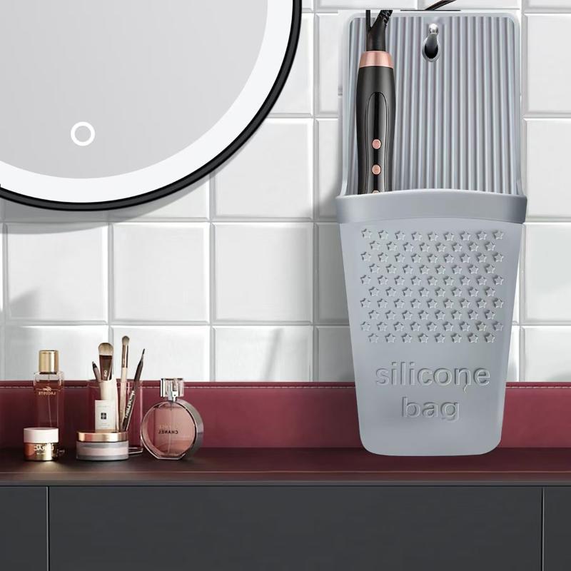 Curling Iron Storage, Hair Straightener Silicone Storage Bag,Anti-Hot Insulation Cover,Glass Suction Cup Storage Hanging Bag