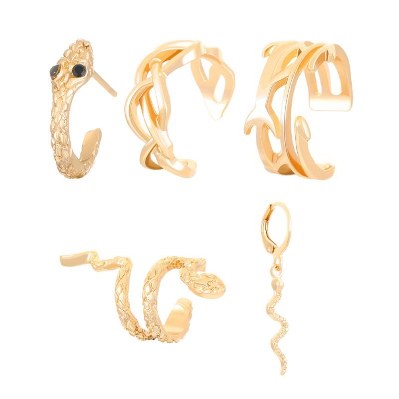 Minimalist Snake Leaf Design 5-Piece Ear Cuff Set Women Non-Piercing Alloy Earring Clip Studs