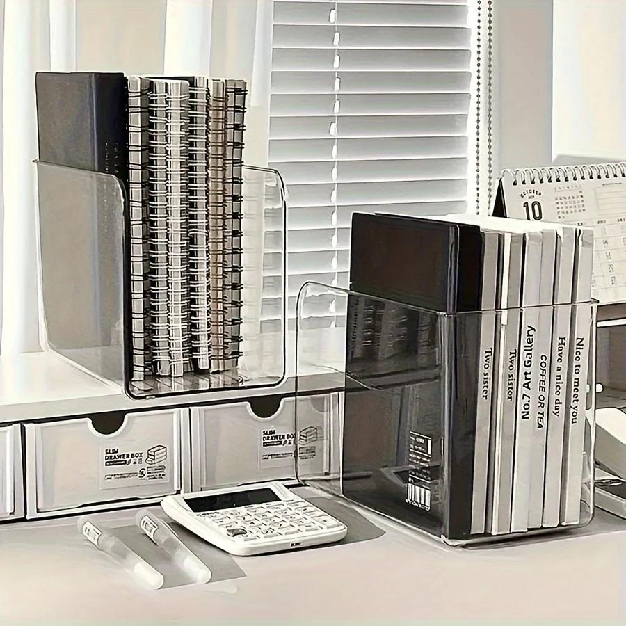 1pc Plastic Book Stand Organizer with Multiple Compartments - Clear Desktop File Holder for Office, Home, Bookshelf Decorations