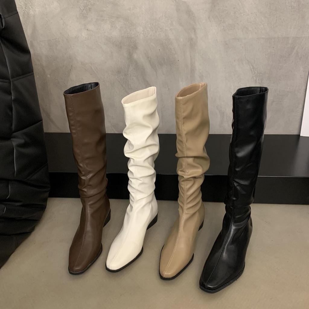 Sheepskin Version~ Thick Heel Pointed Pleated Boots Stacking Boots Women's Knight Boots Long Boots Tall Thin Boots