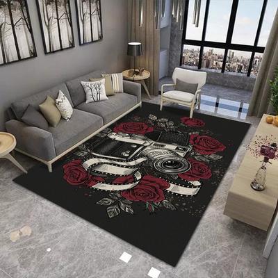 Gotische Schedel Tapijtmat - Vlinder Roos Gitaar Metallic Textuur Schets Donkere Kunst Zwart Rood Gedurfd Decoratief Huisdecoratie Kleed