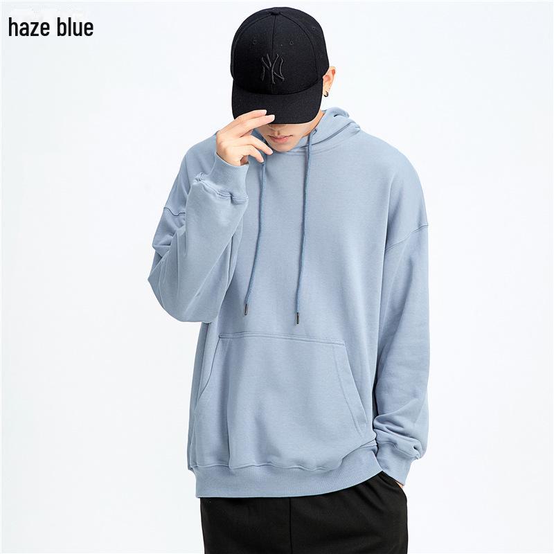 Men's Trendy Oversized Terry Hoodie - Solid Color, Drop Shoulder, Hong Kong Style Logo.