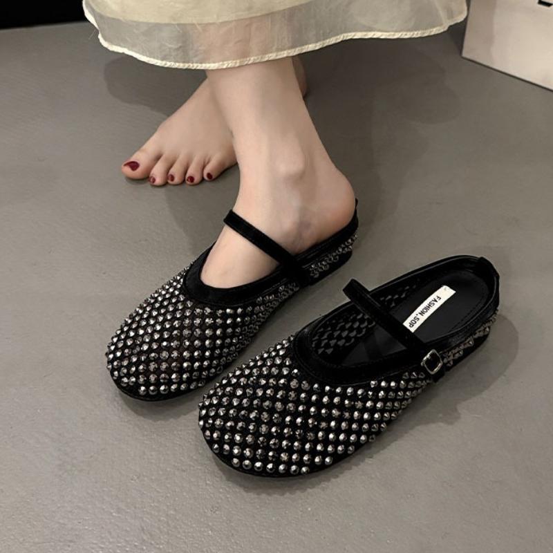 

Women Flats Sandals Luxury Crystal Rhinestone Sandals Fishnet Ballet Woman Designer Rivet Studs Mesh Mary Jane Shoes Ladies 35 чёрный