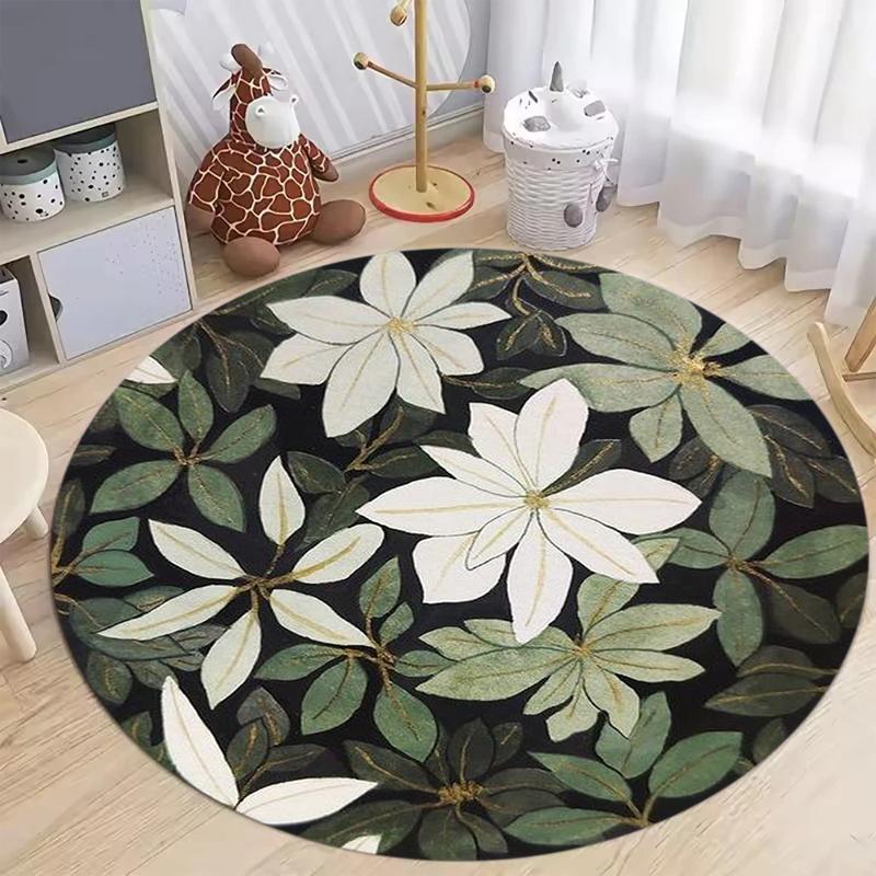 Floral and Leaf Print Round Area Rug, Botanical Green Plant Floor Mat for Living Room Bedroom, Soft Washable Home Decor Carpet