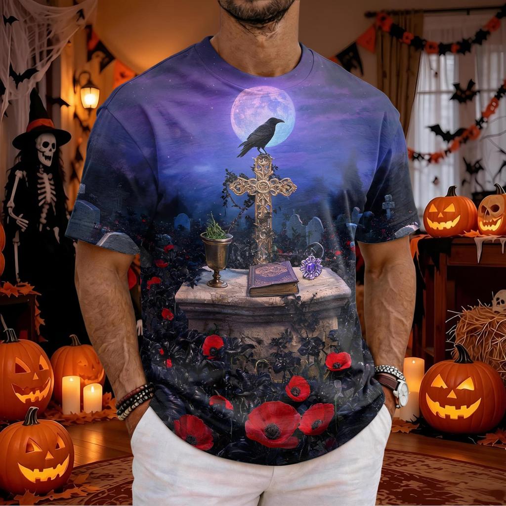 Men's Halloween Printed Short Sleeve Neck T-Shirt for Casual Daily Wear Holiday Party