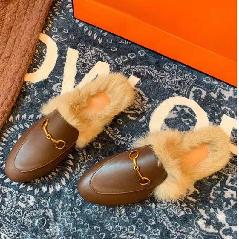 2025 Women's Genuine Leather Furry Half-Slippers with Horsebit Strap - Warm Autumn/Winter Shoes