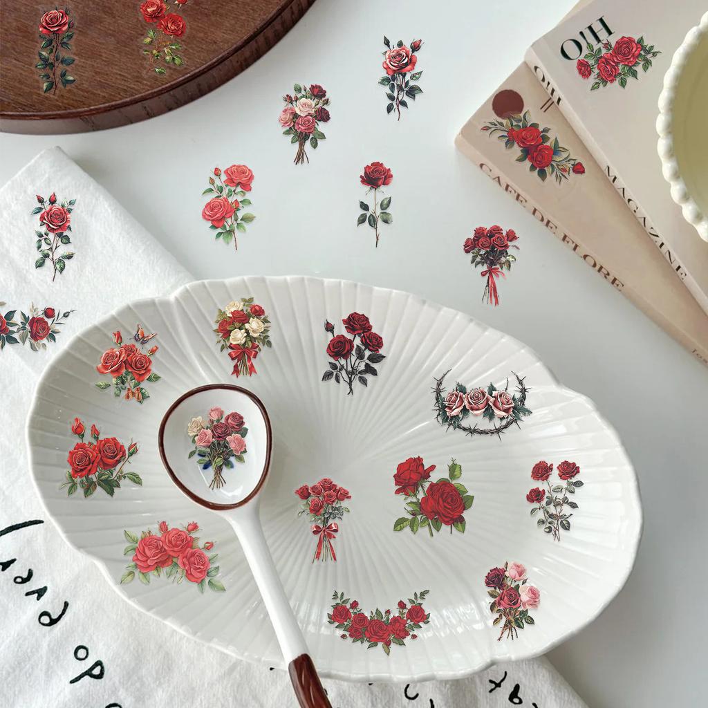 50 Transparent Retro Red Rose Sticker Pack Waterproof Transparent PET Handbook Material Decorative Guitar Notebook