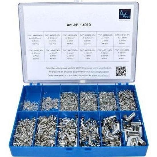 Vogt Verbindungstechnik 4015 Aderendhülsen-Sortiment 0.5 mm², 6mm² Teilisoliert Silber, Weiß, Grau, Rot, Schwarz, Blau, Gelb | » Freue dich auf