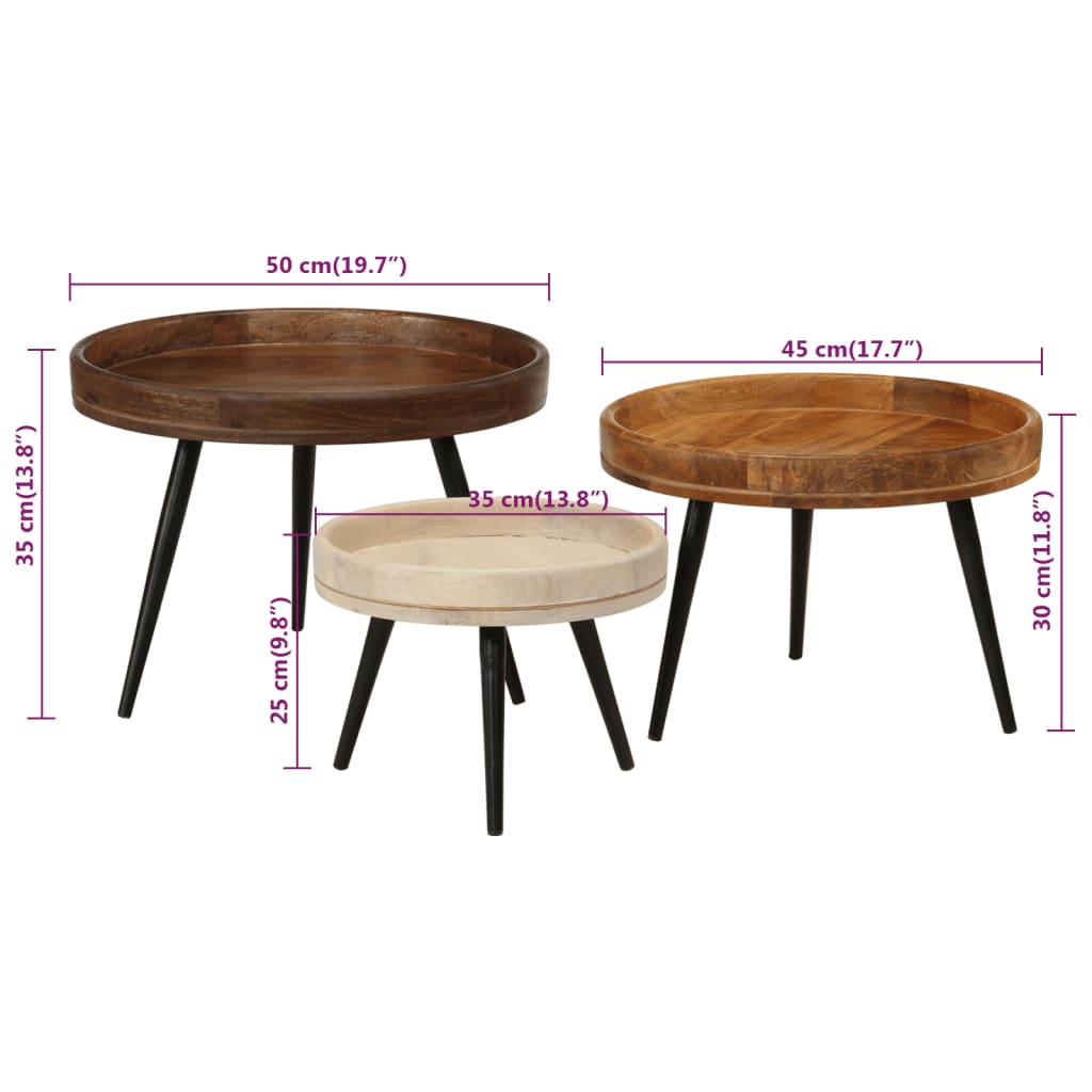 3 Piece Round Coffee Tables Set Solid Mango Wood