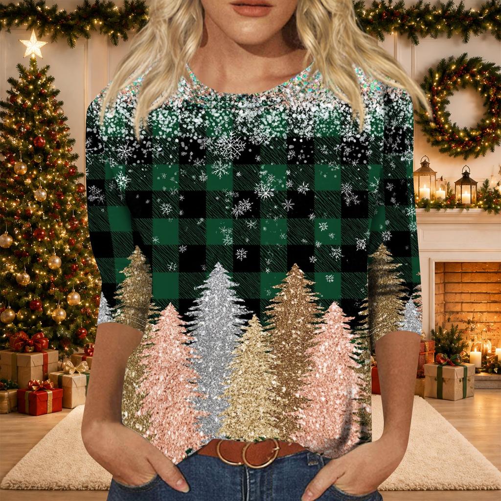 Women's Casual Christmas Print Three-Quarter Sleeve Neck Top
