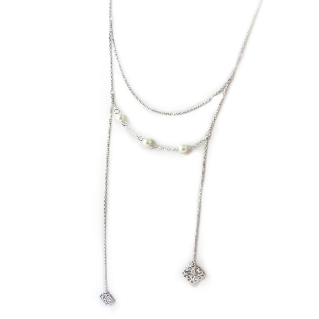 Les Trésors De Lily [N7312] - Silver Ivory 'Carmen' Long Necklace (rhodium-plated) - 14 Cm
