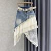 Design european fustă neregulată din denim pentru femei design talie înaltă splicing din dantelă modă personalizată fustă scurtă trend