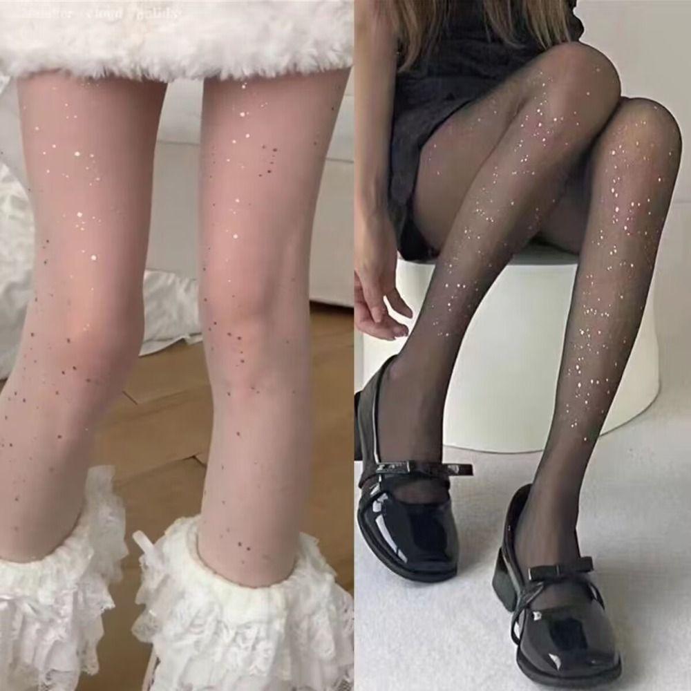 

High Waist Star Sequin Pantyhose Solid Color Mesh Stockings Hollow Bling Stockings Night
