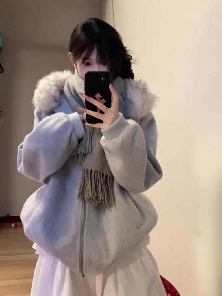 Women's High-End Quilted Woolen Coat with Fur Collar Hood and Thickening, Autumn/Winter Style