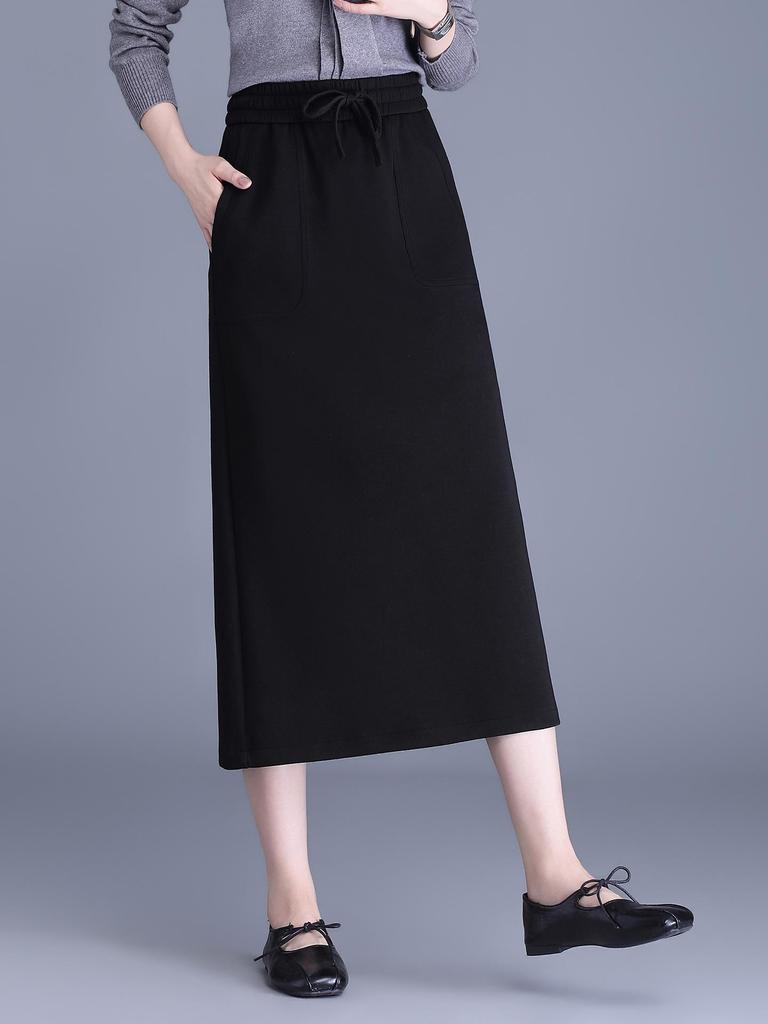 Slimming Draped Black Midi Skirt - Spring/Summer 2026 Collection, Elastic Waist, Casual Fit