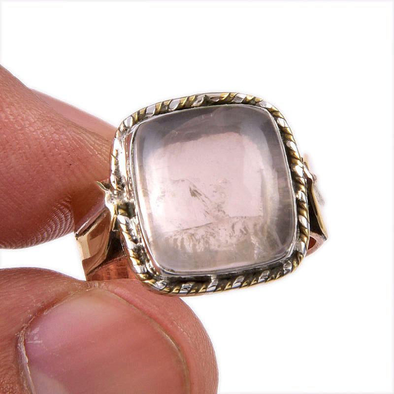 

Natural Rose Quartz Gemstone 925 Solid Sterling Silver Two Tone Ring Size 7 f4Z06